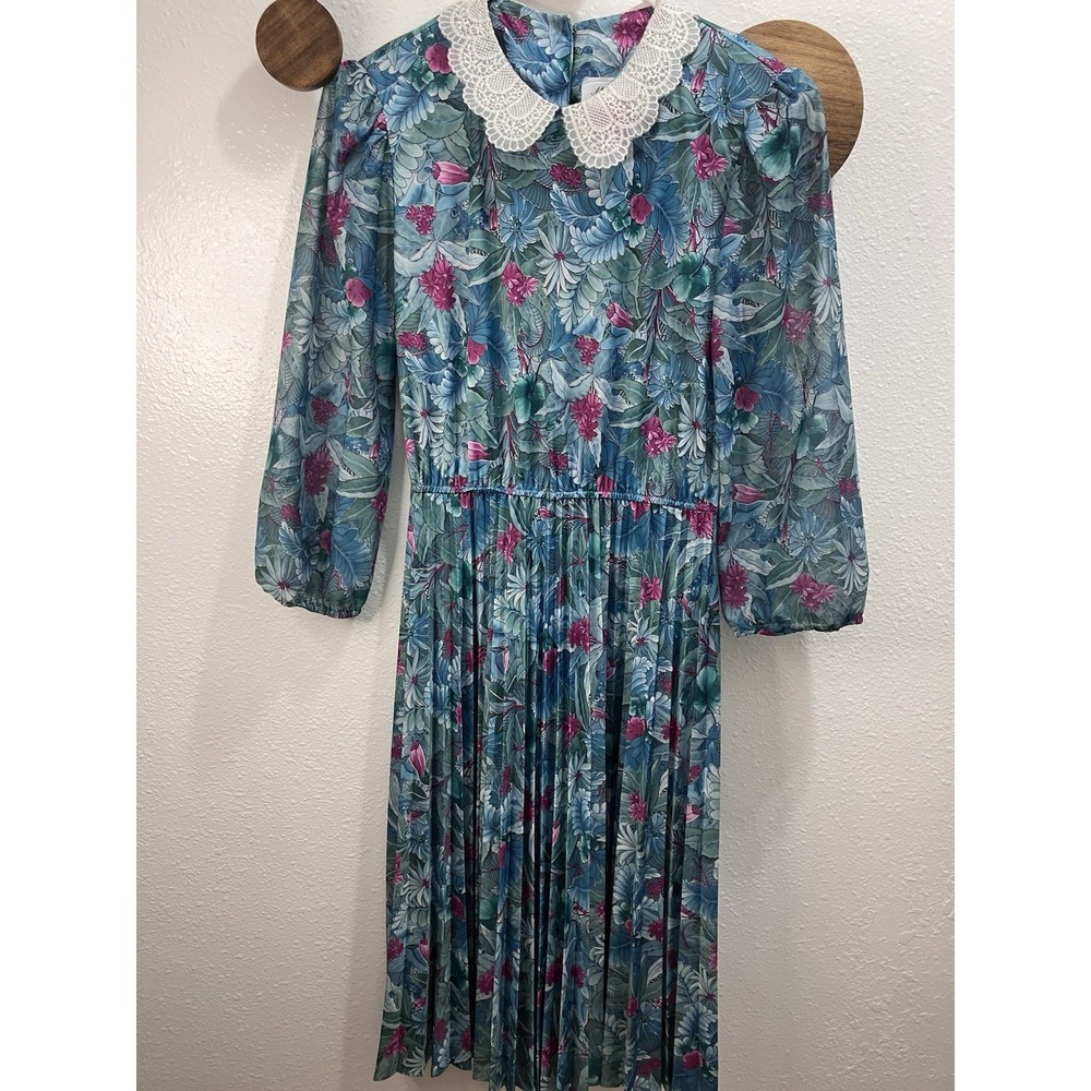 Vintage 80s Floral Midi Dress Lace Collar Teal Green Cottagecore Prarie Small